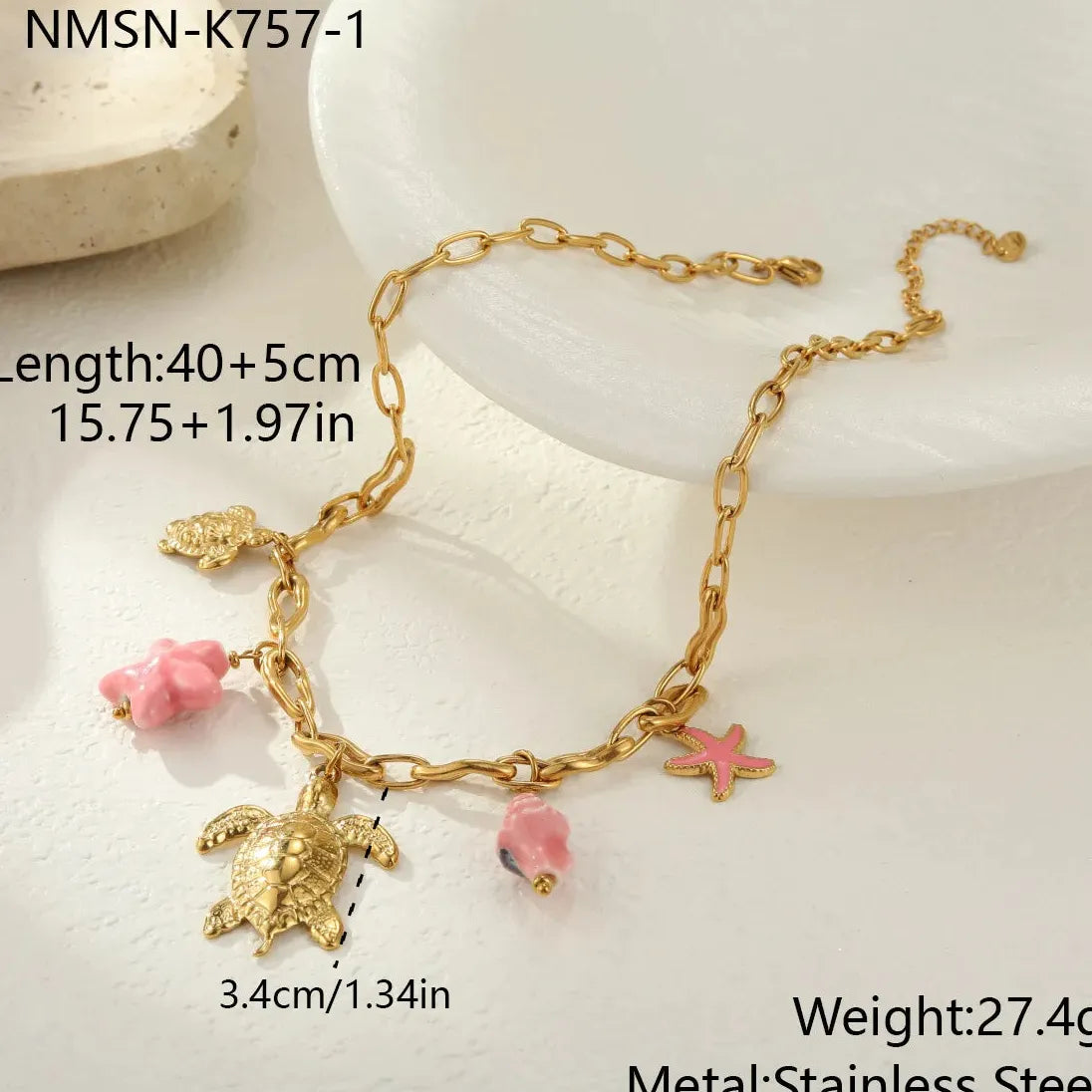 Stainless Steel Pink Starfish Conch Shell Pendant Necklace Waterproof Choker Jewelry