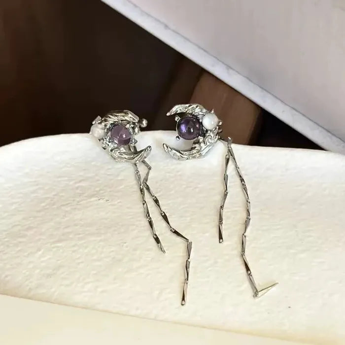 Purple Crystal Moon Tassel Clip-On Earrings Zinc Alloy Ear Cuff Women