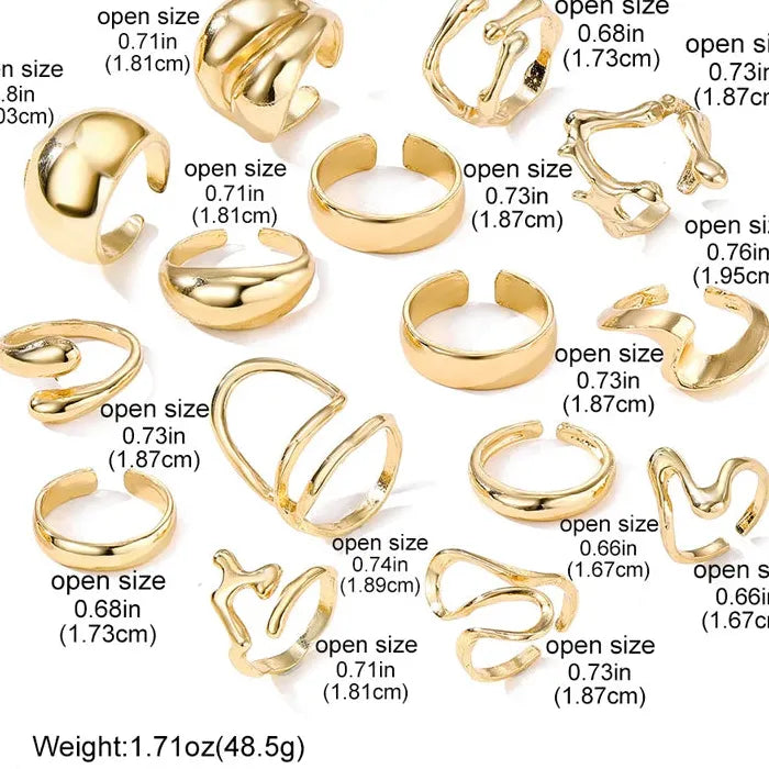 15Pcs Metal Lava Irregular Open Rings Set for Women Gothic Party Jewelry