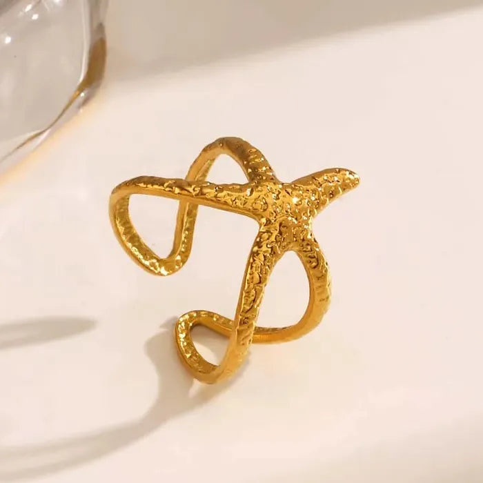 Adjustable Stainless Steel Starfish Ring for Women Men Gold Jewelry Gift
