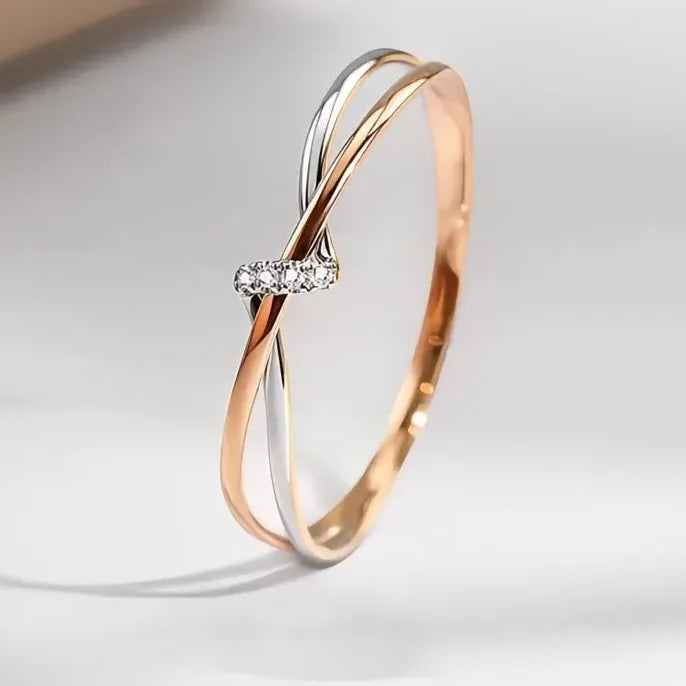 Two Tone Brass Geometric Wedding Band with Cubic Zirconia for Women