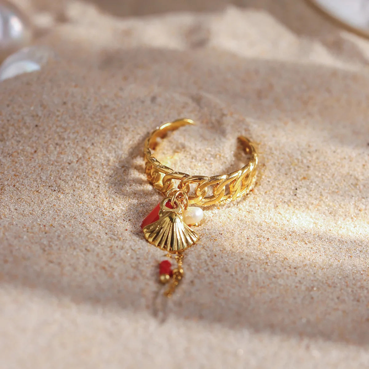 Stainless Steel Personality Rock Tassels Scallop Shell Pearl Red Beads Knuckle Ring