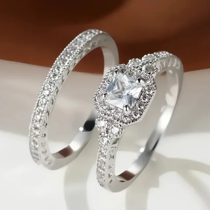Princess White Black 2Pcs Luxury Cubic Zirconia Brass Wedding Rings for Women
