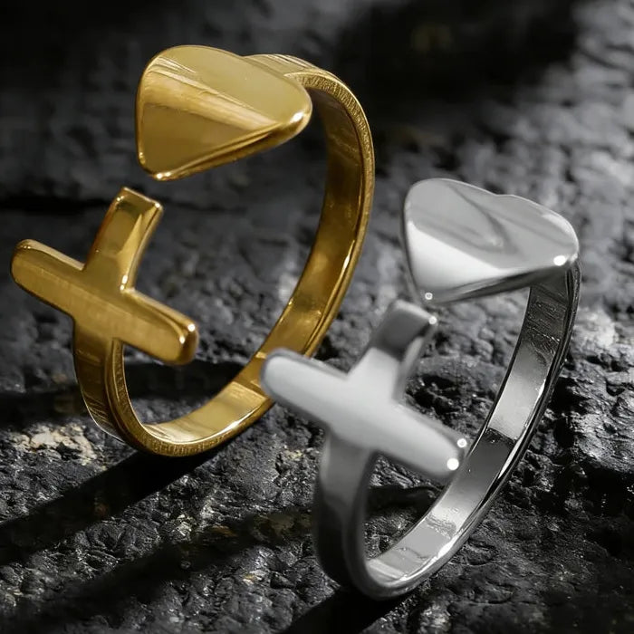 Adjustable Stainless Steel Heart & Cross Ring for Women Casual Jewelry Gift