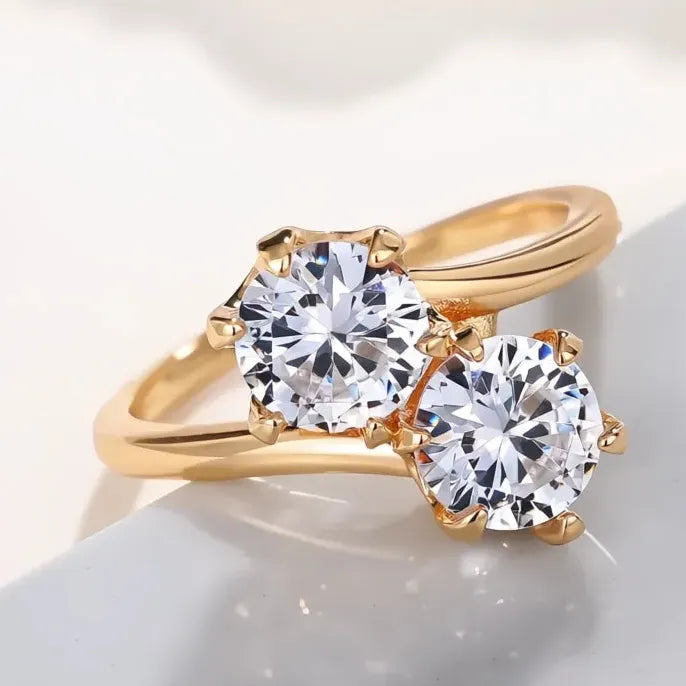 Women’s Elegant Brass Wedding Band Ring with Double Cubic Zirconia Gems