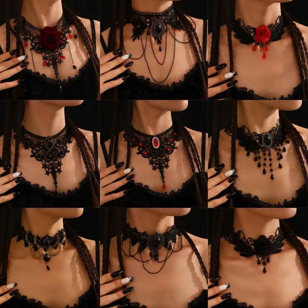 Black Lace Gothic Punk Choker Necklace with Pearl Tassel Roseflower Jewelry