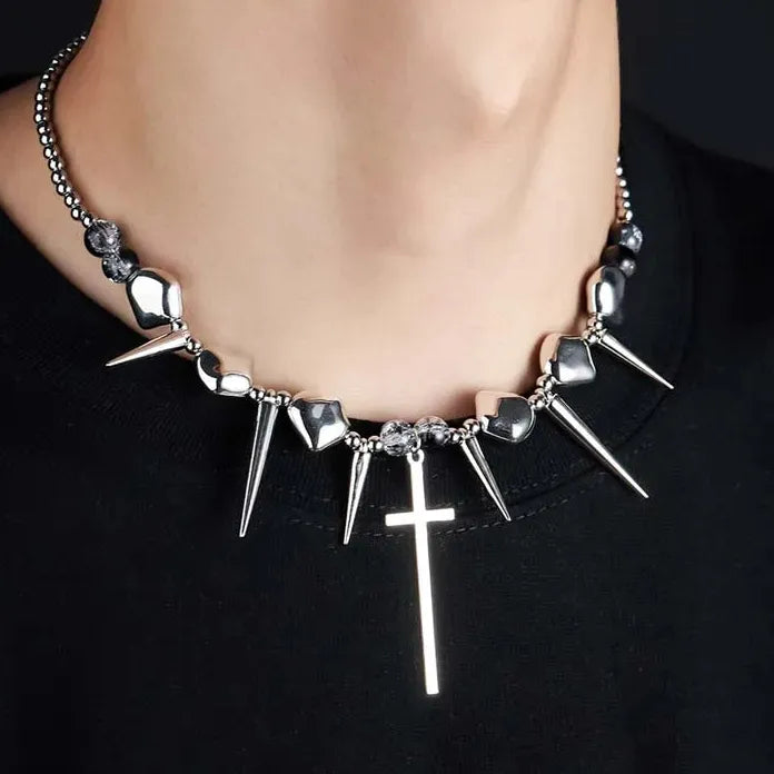 Retro Silver Rivet Cross Pendant Necklace Unisex Punk Hip Hop Y2K Gift