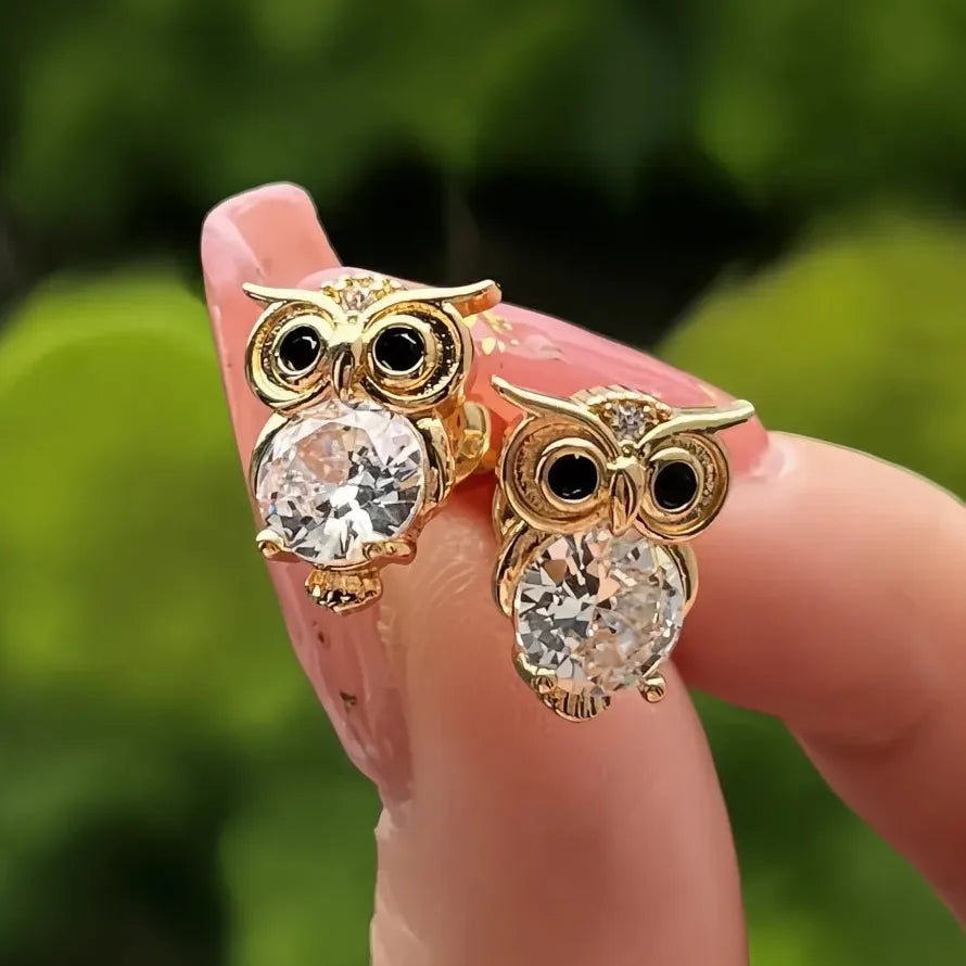 Gold Owl Stud Earrings Cute Night Owl CZ Copper Alloy Jewelry Gift for Women