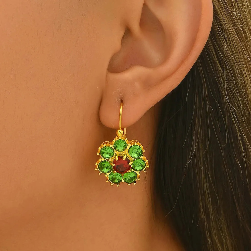 Festival Round Flower Inlay Green Red Stone Drop Earrings for Women Party Jewelry