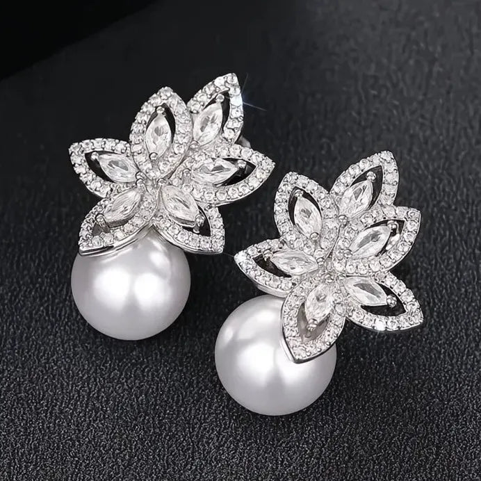 Elegant Pearl & Cubic Zirconia Geometric Flower Drop Earrings for Weddings
