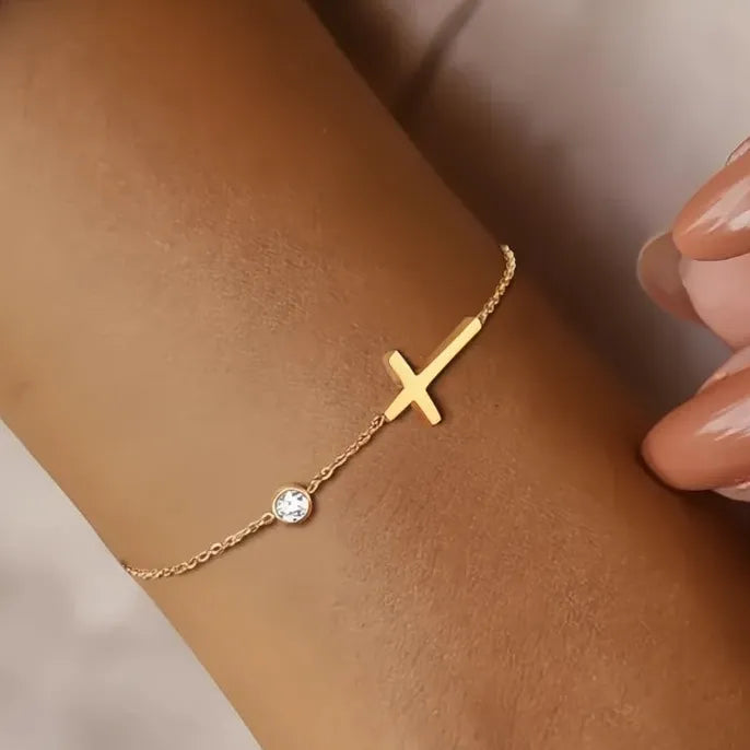 Copper Link Chain Bracelet with Cubic Zirconia Cross Charm Faith Jewelry