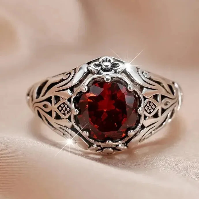 Vintage Red Zircon Plant Pattern Zinc Alloy Ring Gothic Punk Jewelry Gift