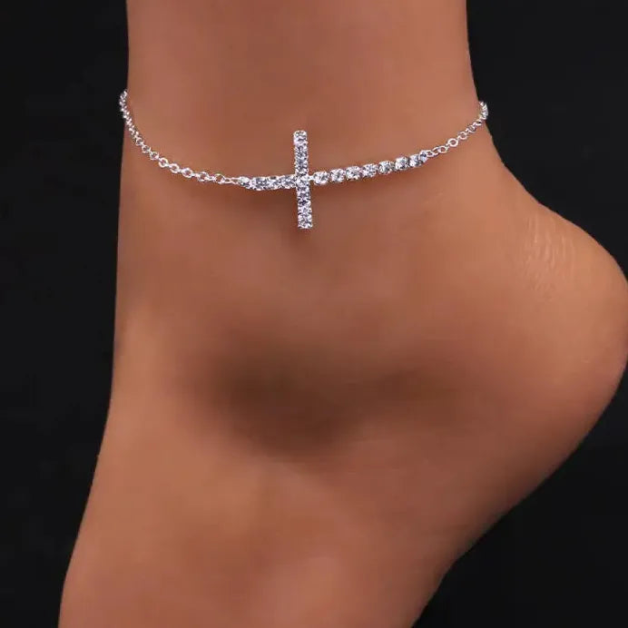 Rhinestone Cross Anklet for Women Zinc Alloy Fine Metal Ankle Chain Gift