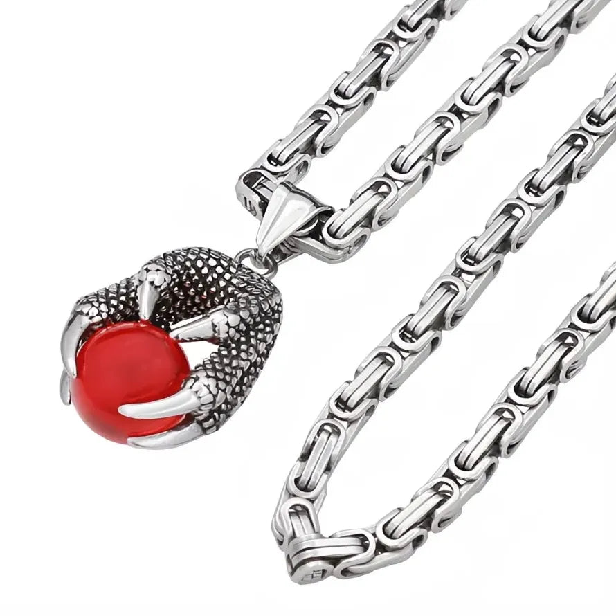 Viking Dragon Claw Necklace Red Bead Pendant Stainless Steel Men Gift