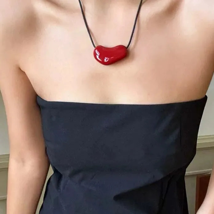 Red Heart Pendant Necklace for Women Adjustable Black Rope Jewelry Gift