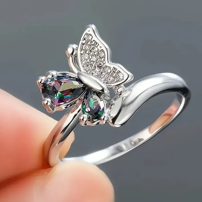 Geometric Brass Wedding Band with Multi-colored Cubic Zirconia Ring