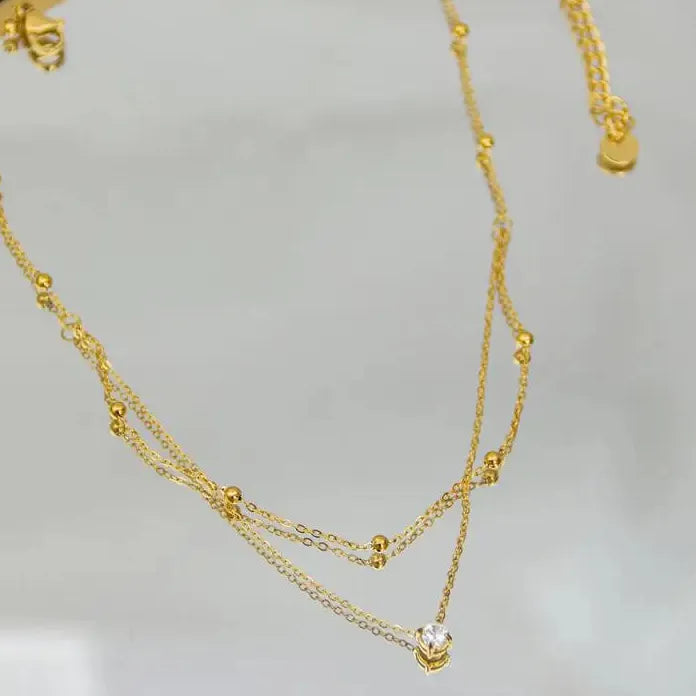 Stainless Steel Zircon Circle Pendant Necklace for Women Double Layer Durable Chain Waterproof