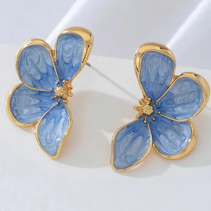 Vintage Blue Flower Drop Oil Stud Earrings for Women Nature Jewelry