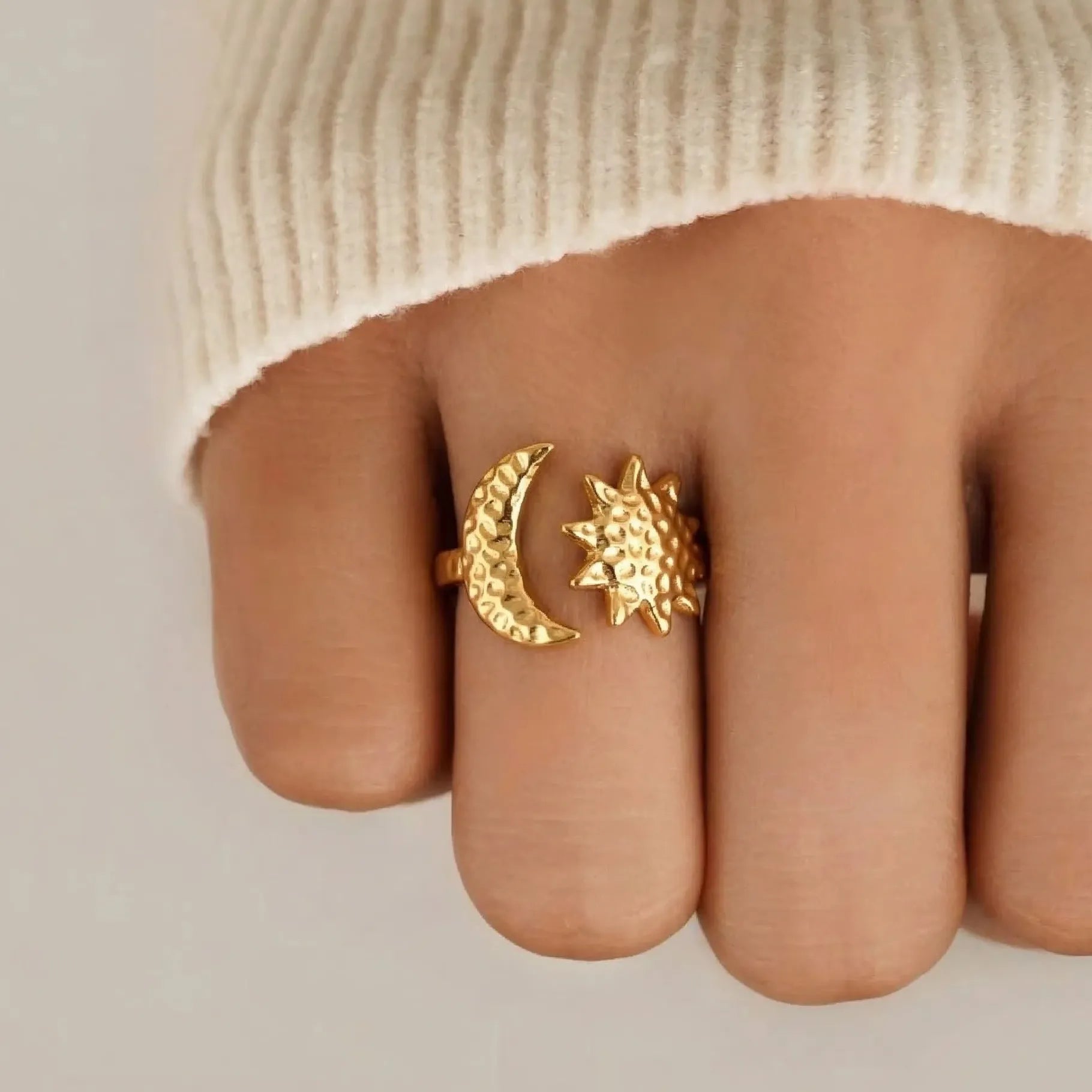 Minimalist Asymmetric Moon Star Open Ring for Women Gold Stainless Steel Jewelry