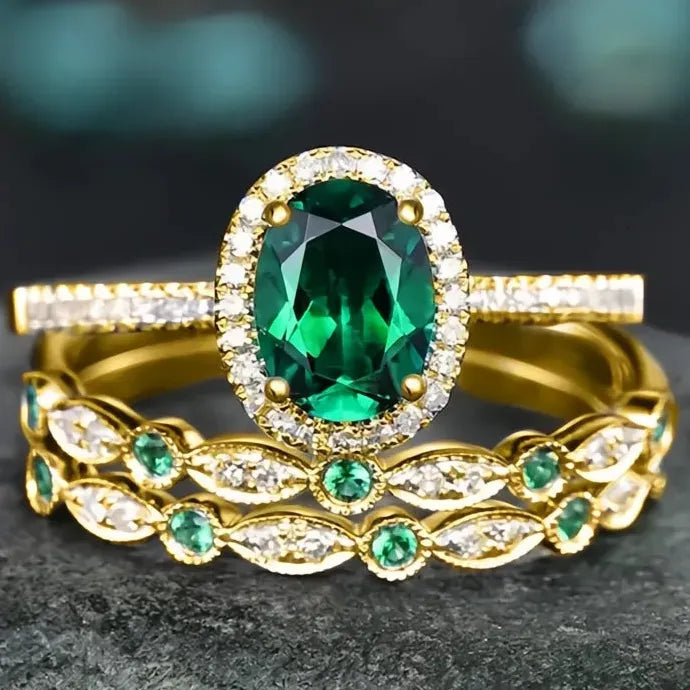 Luxury 3-Piece Green Cubic Zirconia Brass Wedding Ring Set Bridal Jewelry