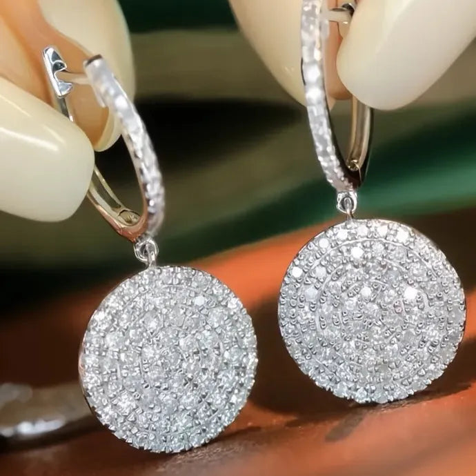 Round Disc CZ Dangle Earrings for Women Brass Geometric Fashion Jewelry
