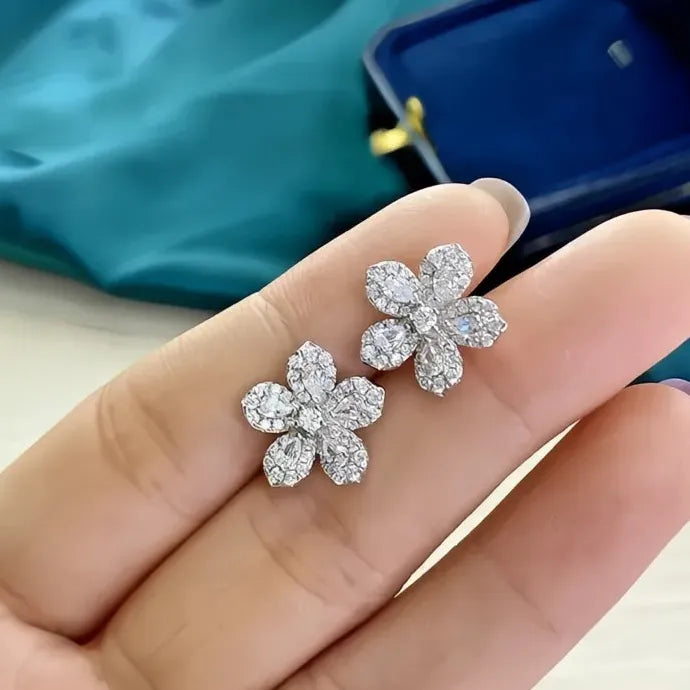 Silver Cubic Zirconia Geometric Flower Earrings for Women Birthday Gift