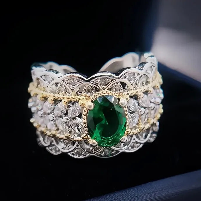 Resizable Two Tone Green Cubic Zirconia Brass Ring for Women Wedding Party