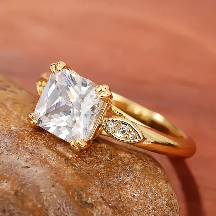 Luxury Princess Square Cubic Zirconia Wedding Engagement Ring for Women Gold Color Brass Band