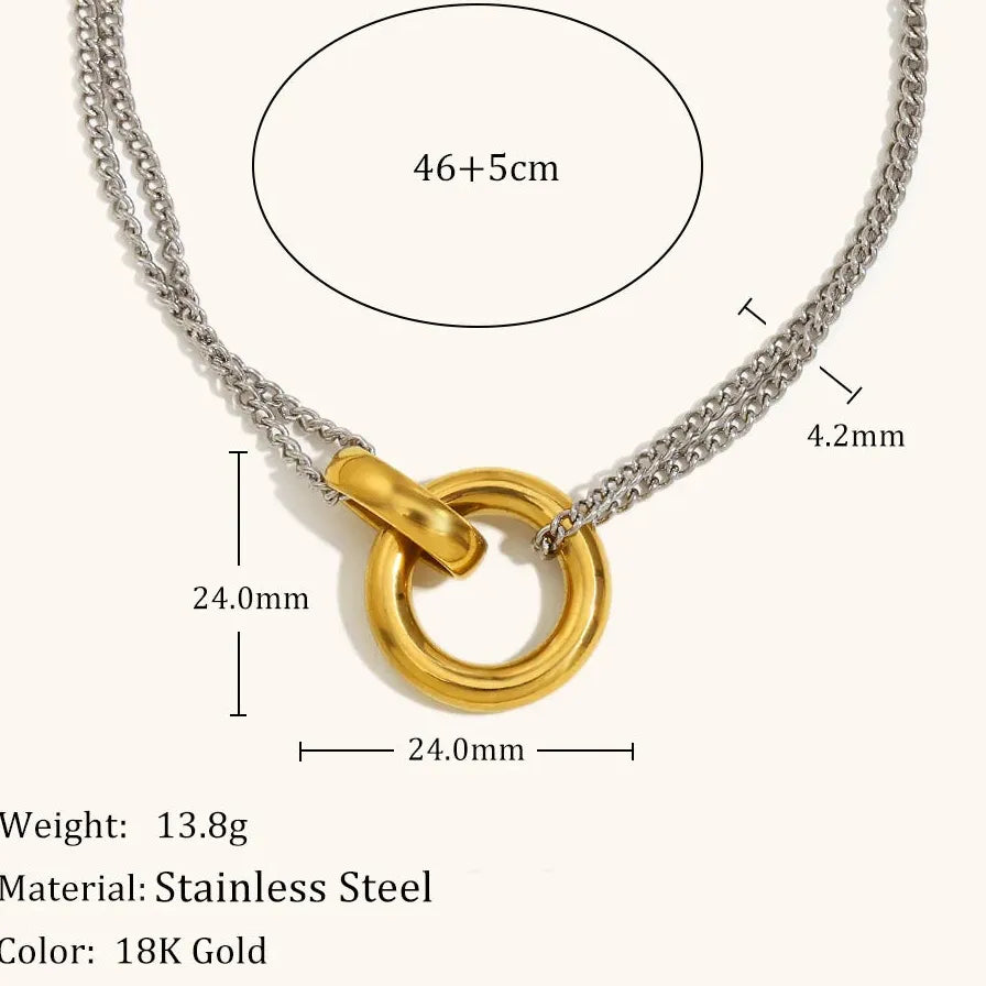 Retro Two-Tone 18K Gold Plated Circle Pendant Necklace for Women Waterproof Gift