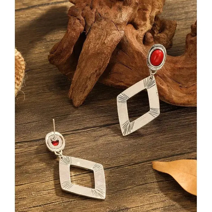 Vintage Bohemian Silver Plated Geometric Drop Earrings for Women Hollow Diamond Design