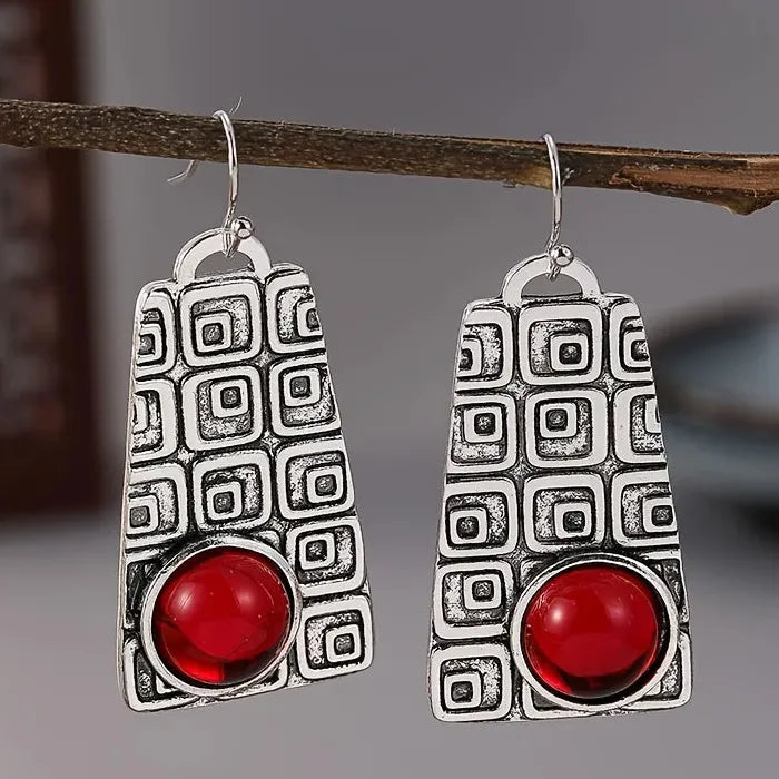 Retro Geometric Punk Pendant Earrings Set with Red Semi-Precious Stones for Women
