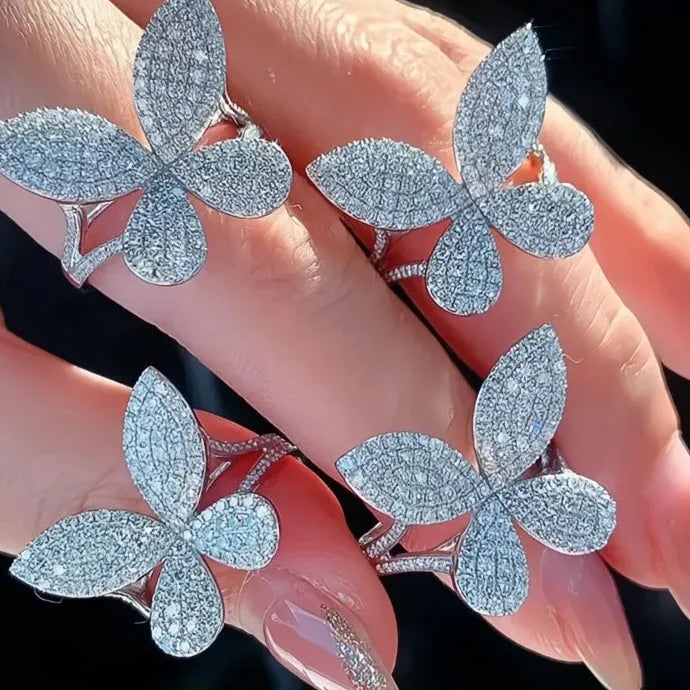 Silver Butterfly White CZ Wedding Ring Brass Geometric Band for Women