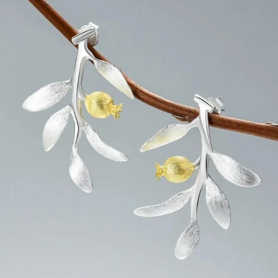 Elegant Blooming Flower Silver Color Pomegranate Fruit Leaves Branch Dangle Earrings for Women Zinc Alloy
