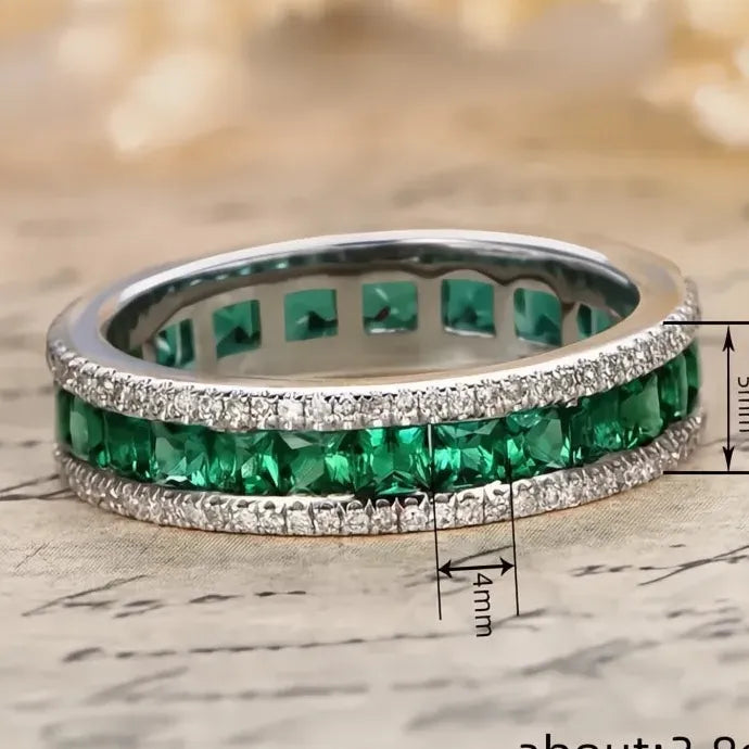 Women’s Geometric Wedding Ring Brass Band with Green Cubic Zirconia