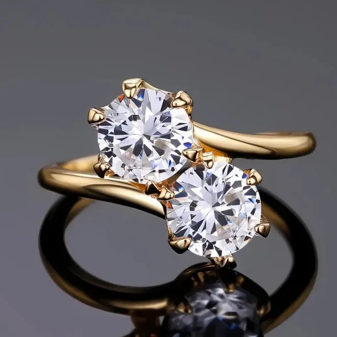 Women’s Elegant Brass Wedding Band Ring with Double Cubic Zirconia Gems