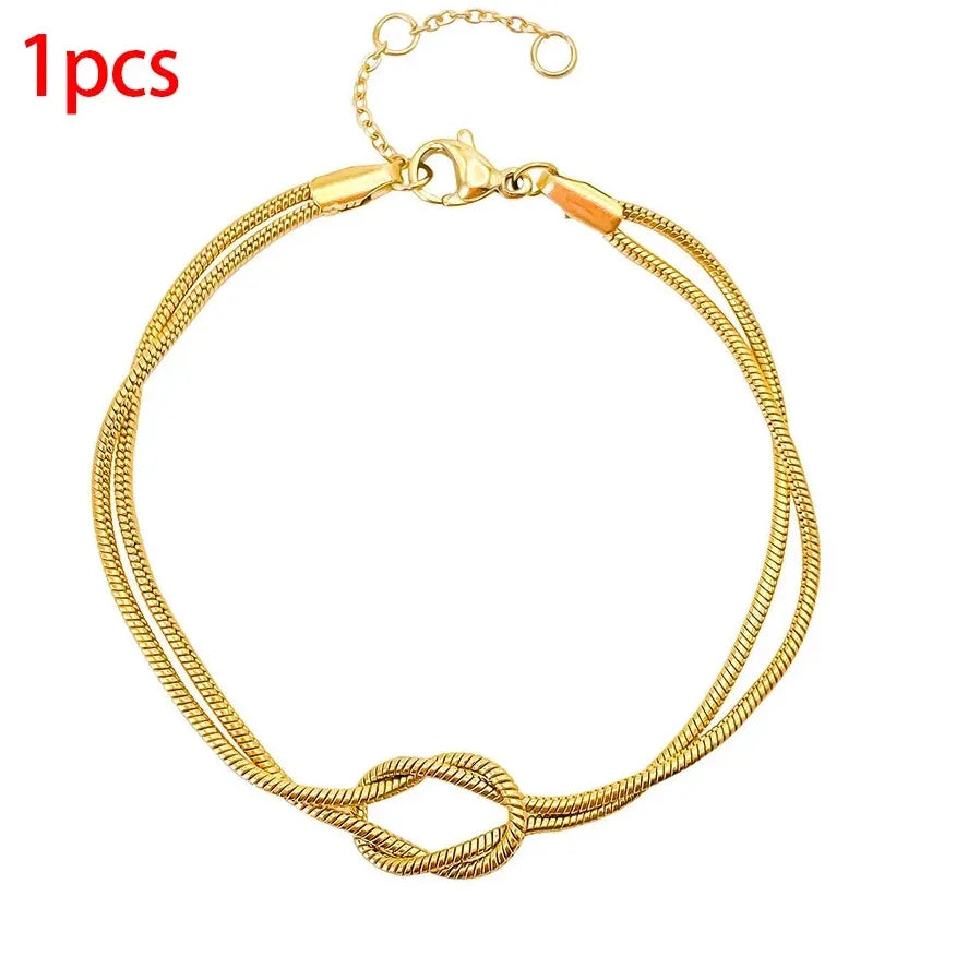 Gold & Silver Thin Snake Chain Couple Bracelet Stainless Steel Knot Unisex Bangle