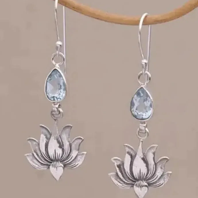 Vintage Blue Cubic Zirconia Lotus Drop Earrings for Women Zinc Alloy Jewelry Gift
