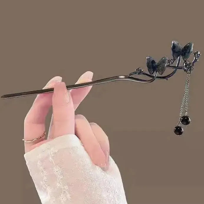 2024 Chinese Style Butterfly Flower Tassel Zinc Alloy Hair Stick for Women