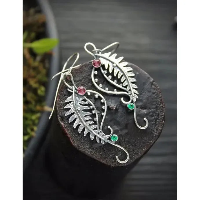 Vintage Zinc Alloy Leaf Drop Earrings with Red Stone Inlay for Women