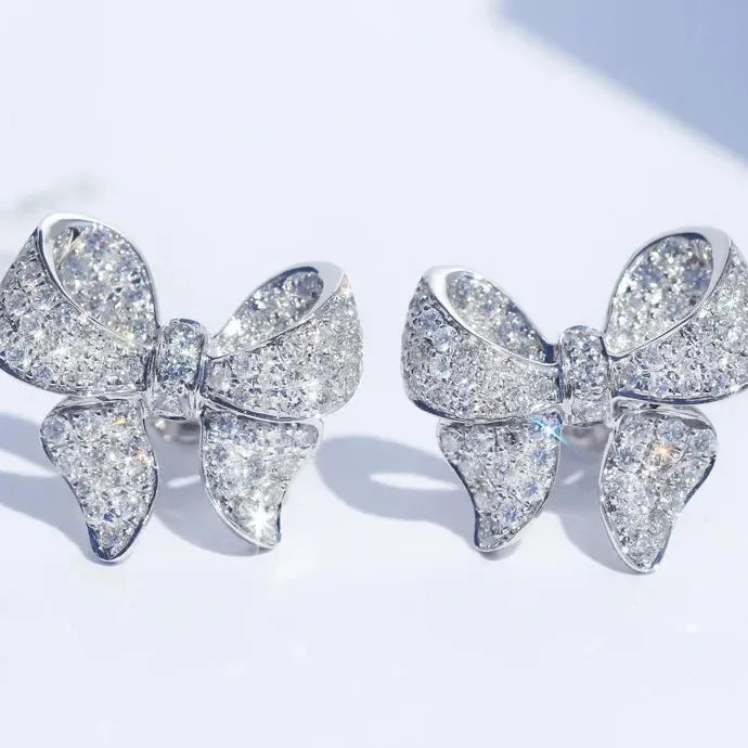 Romantic Bowknot Women Stud Earrings Crystal Zircon Glass Stone Jewelry