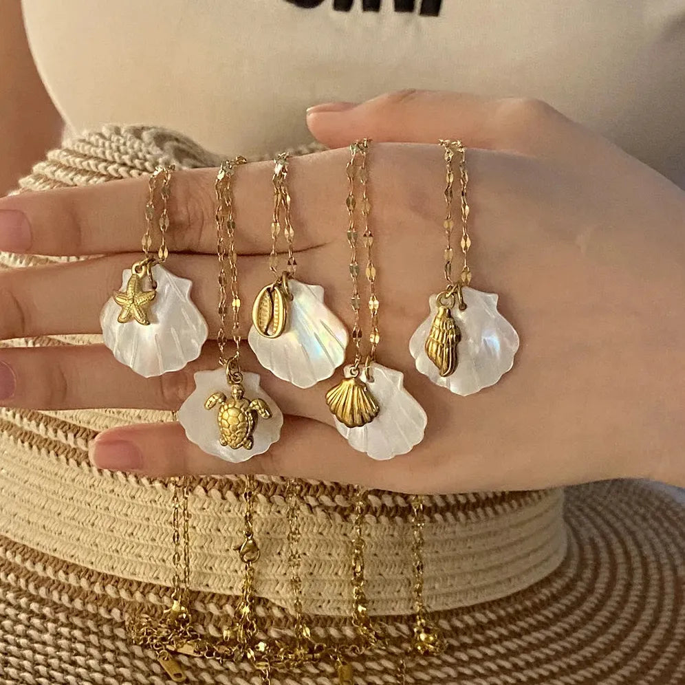 Boho White Shell Pendant Necklace Gold Stainless Steel Sea Turtle Star Choker