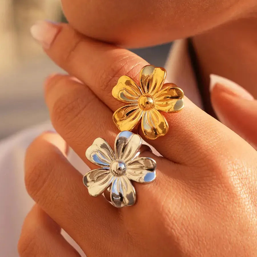 Vintage Stainless Steel Flower Opening Ring Heart Petal Jewelry for Women Men Gift
