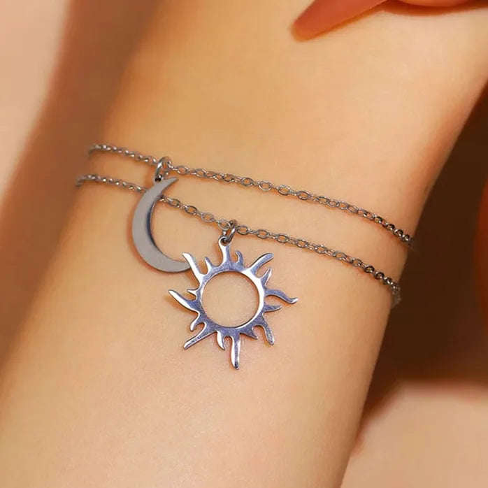Stainless Steel Sun Moon Earrings & Adjustable Bracelet Women Retro Jewelry Gift