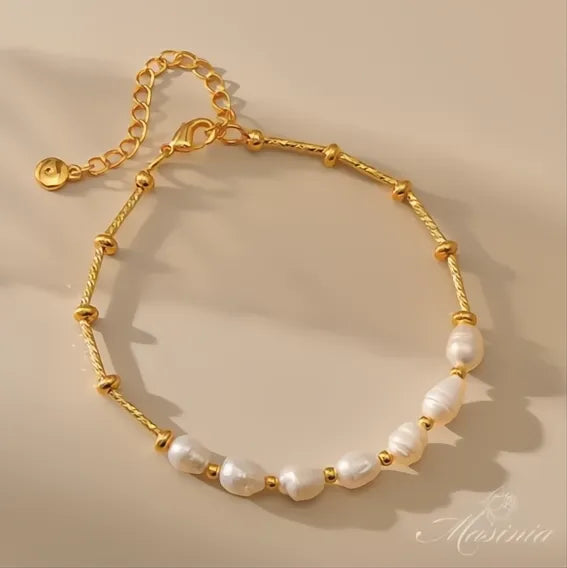 Freshwater Pearl Gold Plated Beaded Bracelet Women Link Chain