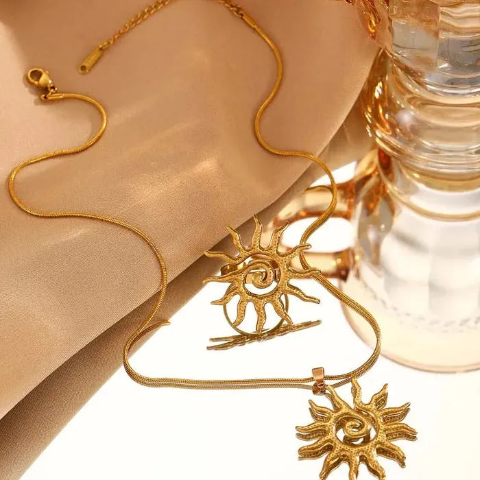 Stainless Steel Sun Pendant Necklace & Ring Set for Women Jewelry Gift