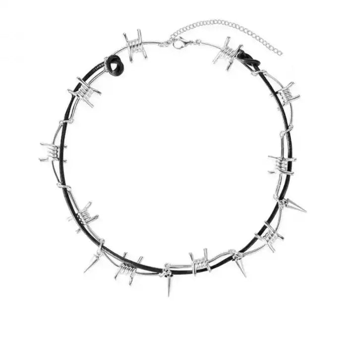Stainless Steel Gothic Barbed Wire Rivet Double Layer Necklace for Men Women