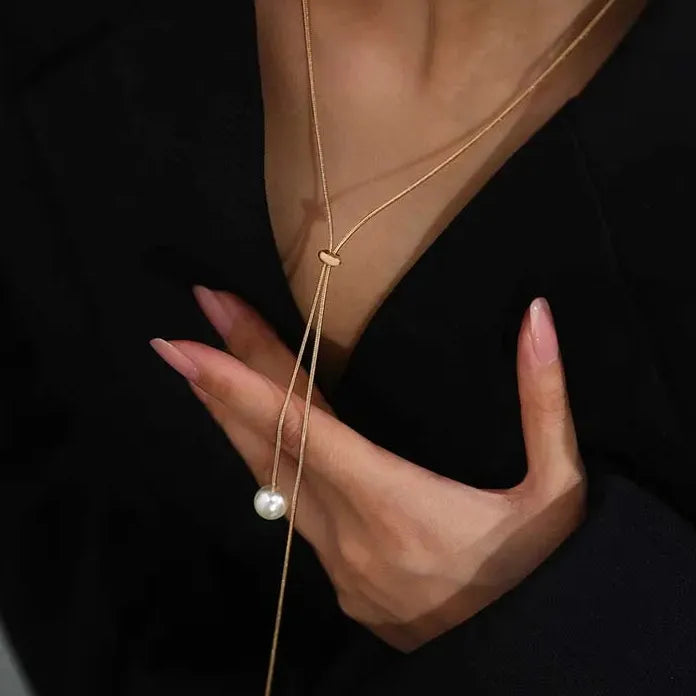 Silver Long Tassel Pearl Pendant Necklace for Women Adjustable Choker Jewelry Gift