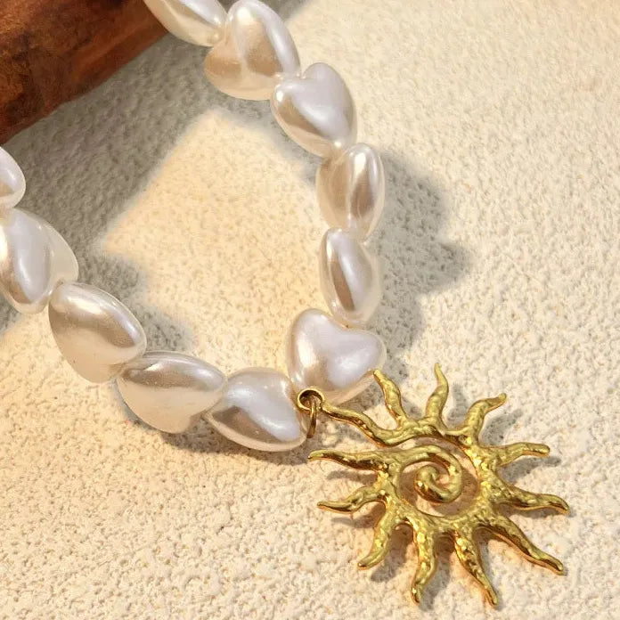 Elegant Handmade Pearl Necklace Gold Lava Twist Heart Pendant Choker Jewelry Gift