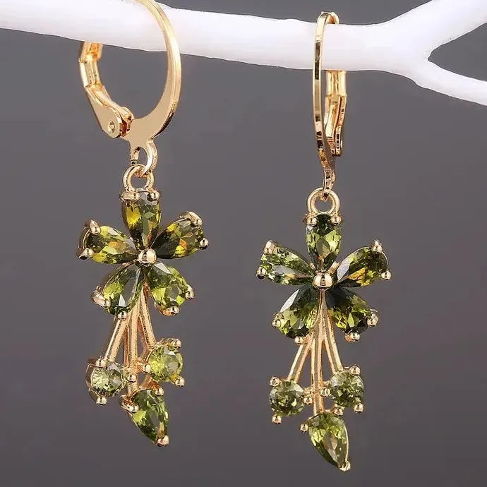 Luxury Gold Flower Drop Earrings Women Multicolor Cubic Zirconia Zinc Alloy