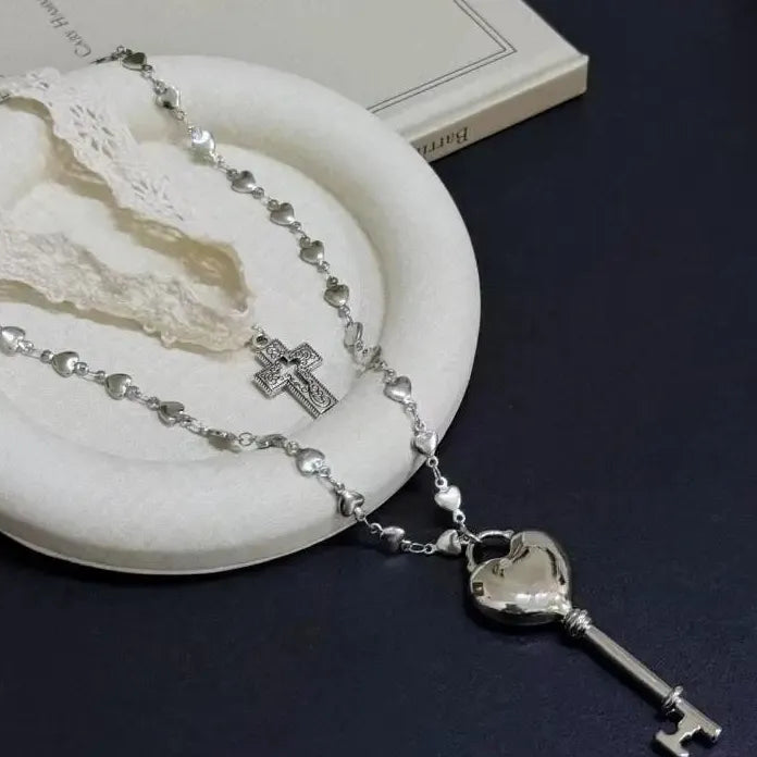 Y2K White Lace Cross Strap Key Pendant Choker Necklace for Women Jewelry